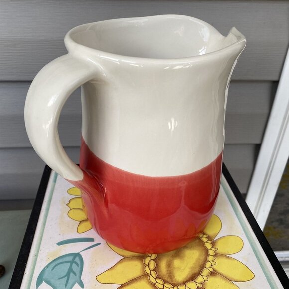 Earthenware Pitcher Made in Portugal Red and White Farmhouse Cottage Country - Picture 3 of 10